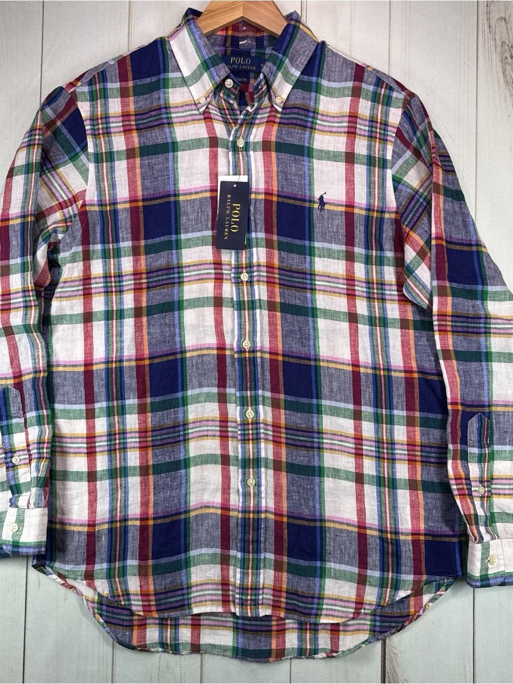 Polo Ralph Lauren Linen Shirt Mens Medium Plaid Long Sleeve Button Down NWT $138